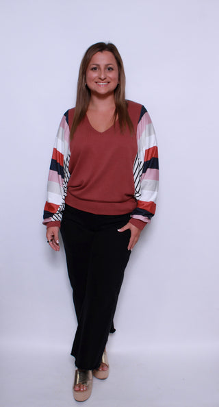 STRIPE COLOR BLOCK SLEEVES V NECK TOP