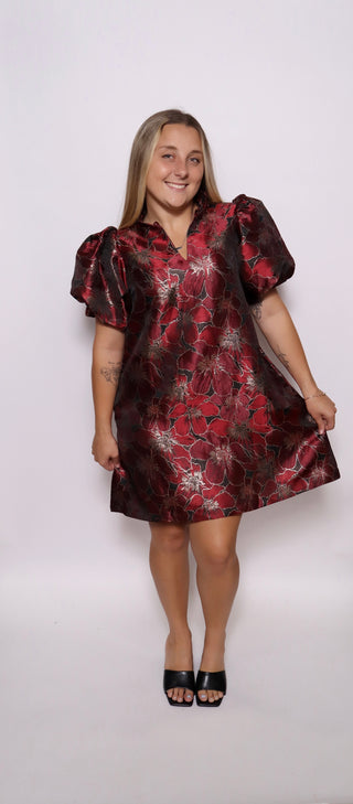 Crimson Bloom Puff Sleeve Mini Dress