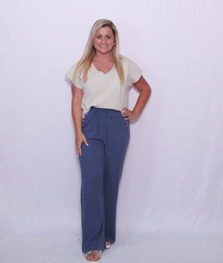 Linen Wide Leg Pants with Floral Embroidered Trim