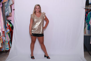 SEQUIN LEOPARD PATTERN RUFFLED ARMHOLE TOP