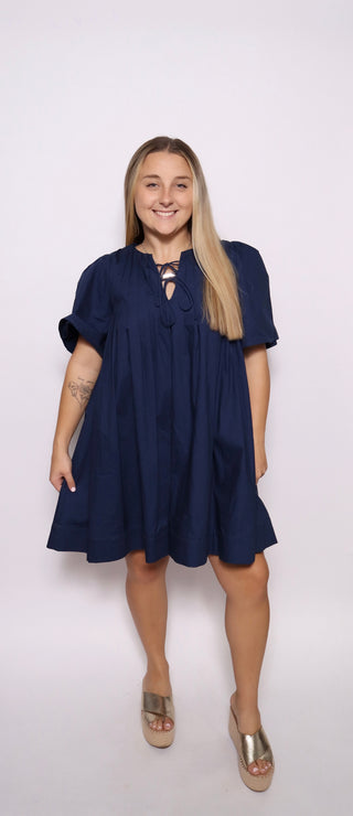 Pleated short sleeve mini dress