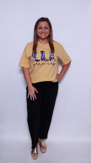 Purple and Gold Triple Game Day Boots Comfort Colors Tee