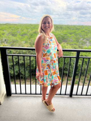 Tropical print drop waist mini dress