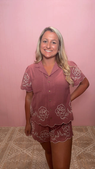 Linen Floral Embroidered Button-Up Top