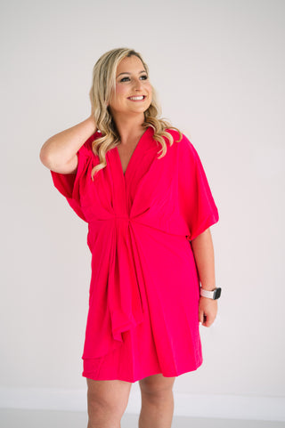 BATWING SLEEVE WOVEN RUCHED FRONT DRESS