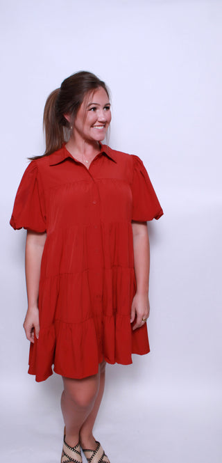 Solid button up tiered mini dress