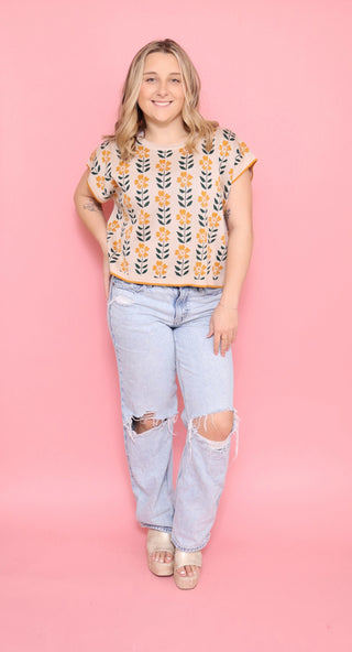 Retro Floral Knit Crop Top Short Sleeve Vintage Pullover Tee