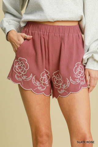 Linen Blend Shorts with Floral Embroidered Details