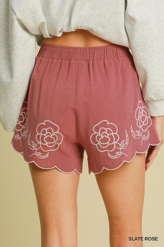 Linen Blend Shorts with Floral Embroidered Details