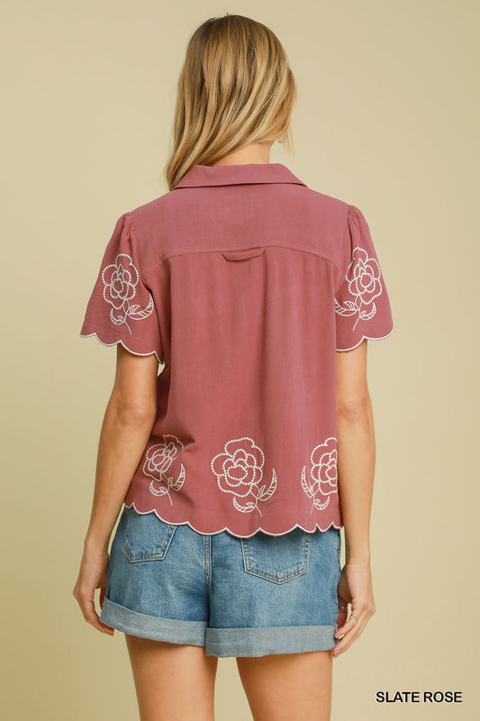 Linen Floral Embroidered Button-Up Top