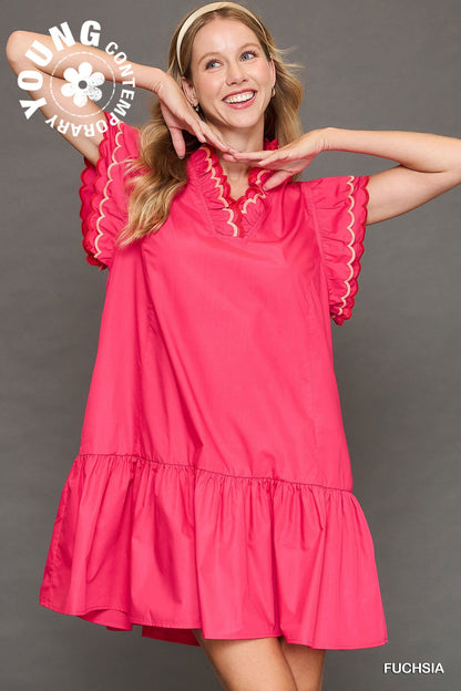 Scallop Trim Ruffle Sleeve Dress