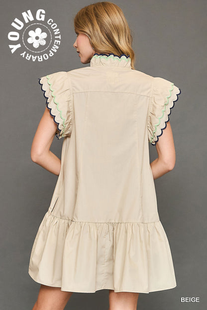 Scallop Trim Ruffle Sleeve Dress