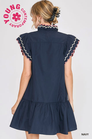 Scallop Trim Ruffle Sleeve Dress
