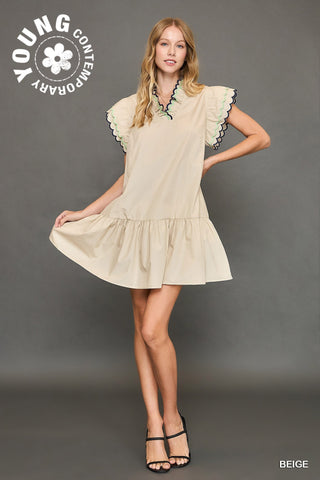 Scallop Trim Ruffle Sleeve Dress