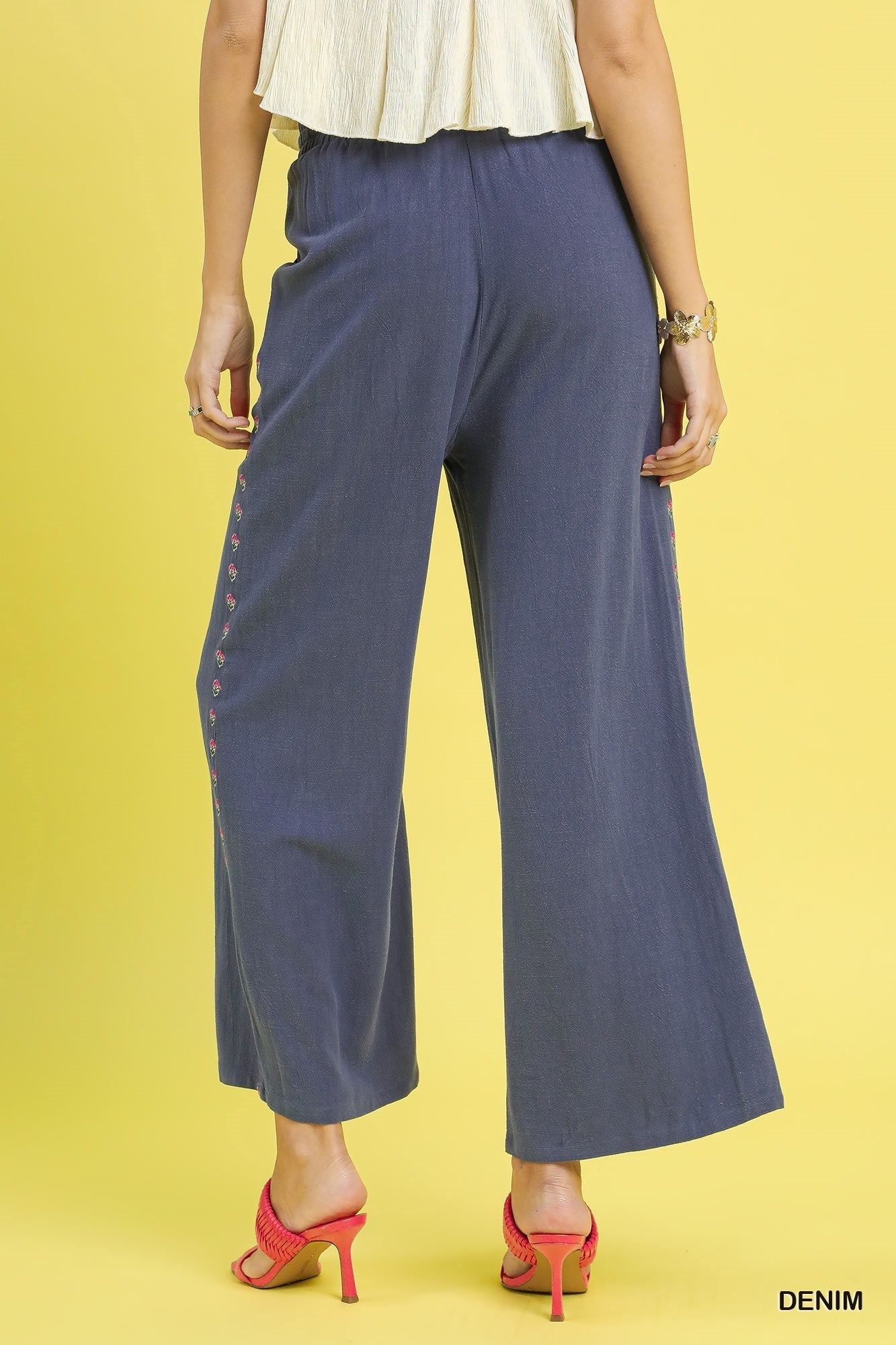 Linen Wide Leg Pants with Floral Embroidered Trim