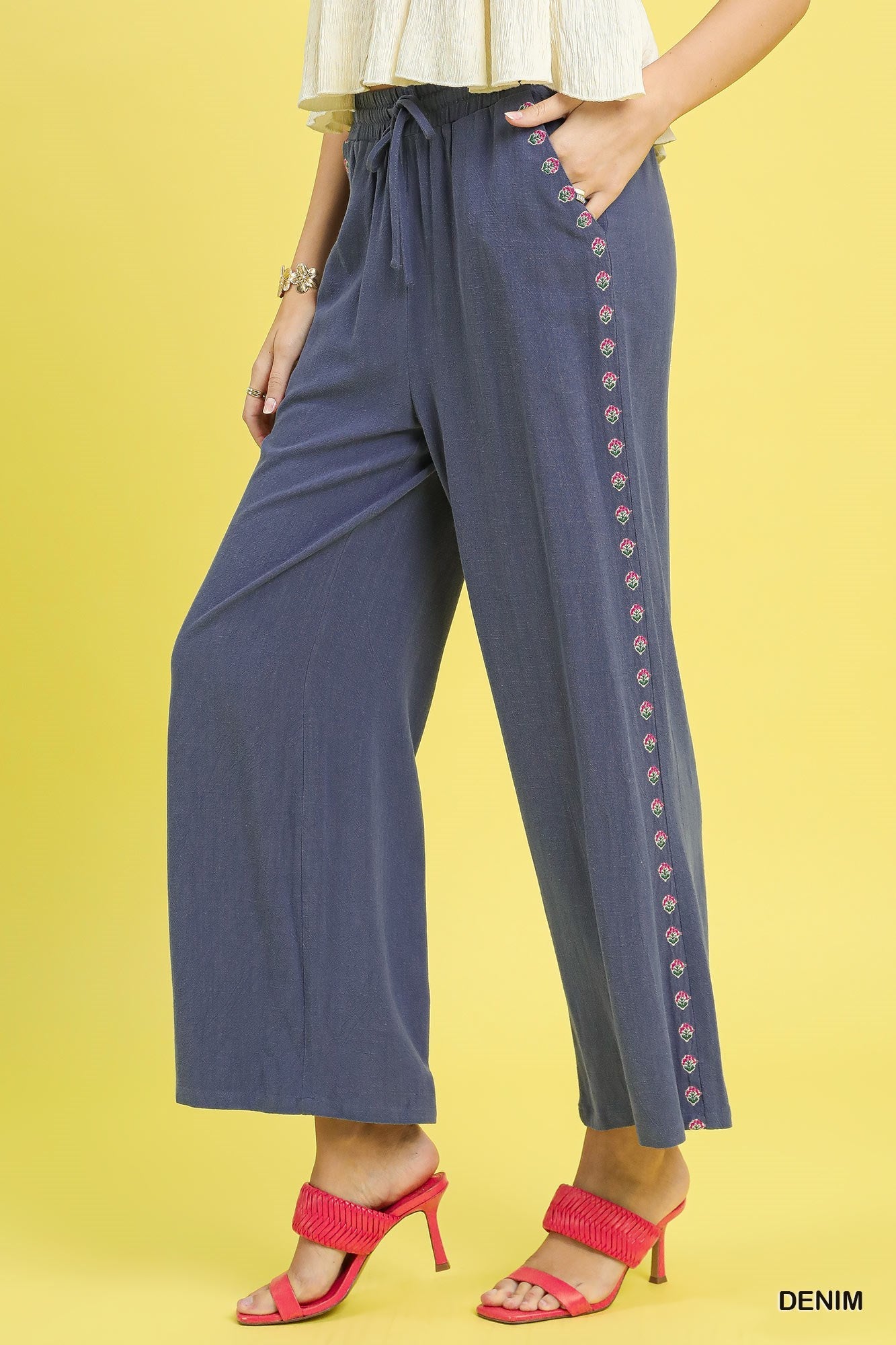 Linen Wide Leg Pants with Floral Embroidered Trim
