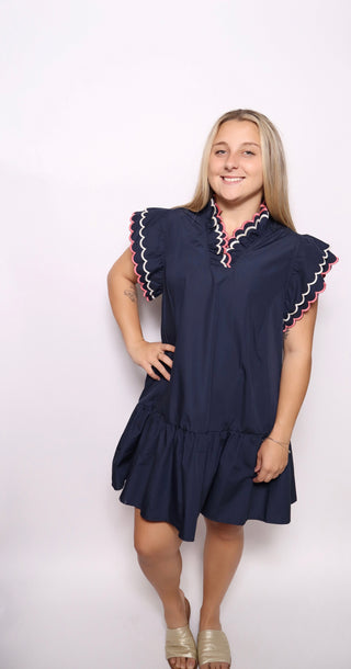 Scallop Trim Ruffle Sleeve Dress