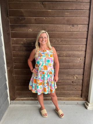 Tropical print drop waist mini dress