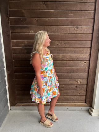 Tropical print drop waist mini dress