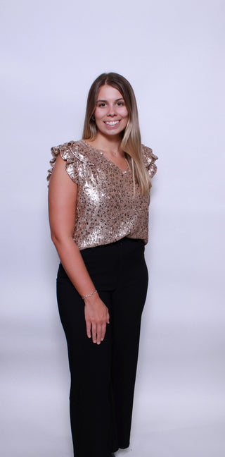 SEQUIN LEOPARD PATTERN RUFFLED ARMHOLE TOP