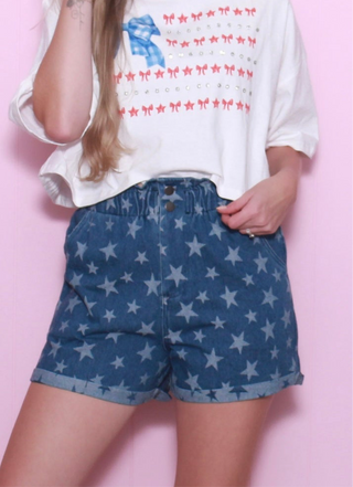STAR PRINT DENIM WASHED SHORTS