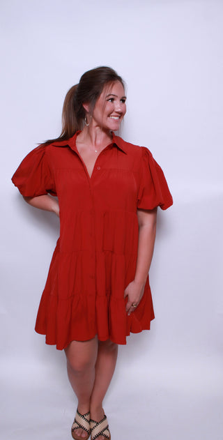 Solid button up tiered mini dress