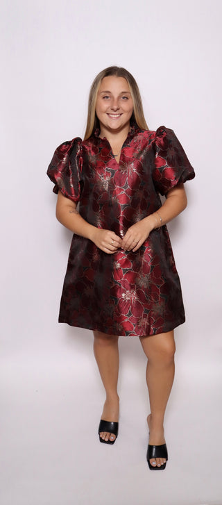 Crimson Bloom Puff Sleeve Mini Dress