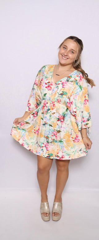 Floral print v-neck half sleeve mini dress