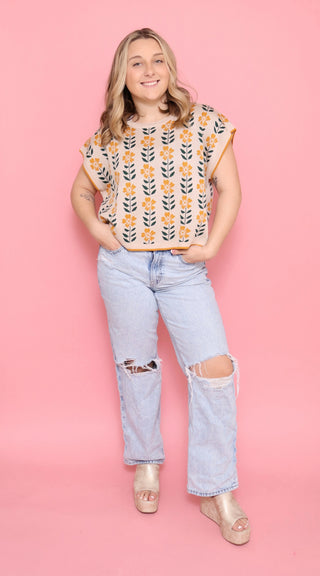 Retro Floral Knit Crop Top Short Sleeve Vintage Pullover Tee