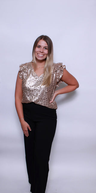 SEQUIN LEOPARD PATTERN RUFFLED ARMHOLE TOP