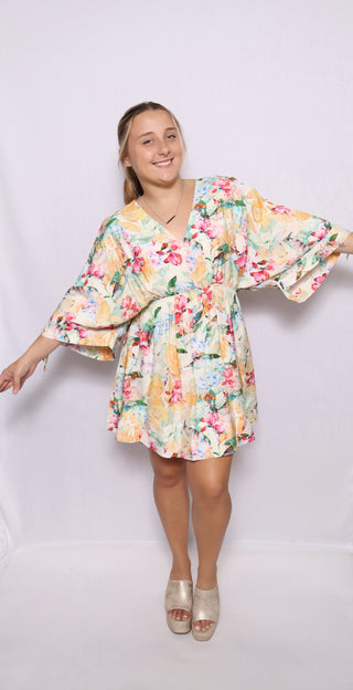 Floral print v-neck half sleeve mini dress