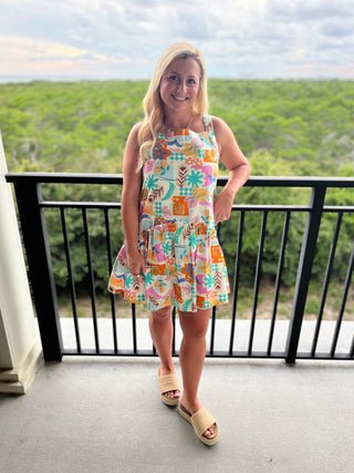 Tropical print drop waist mini dress