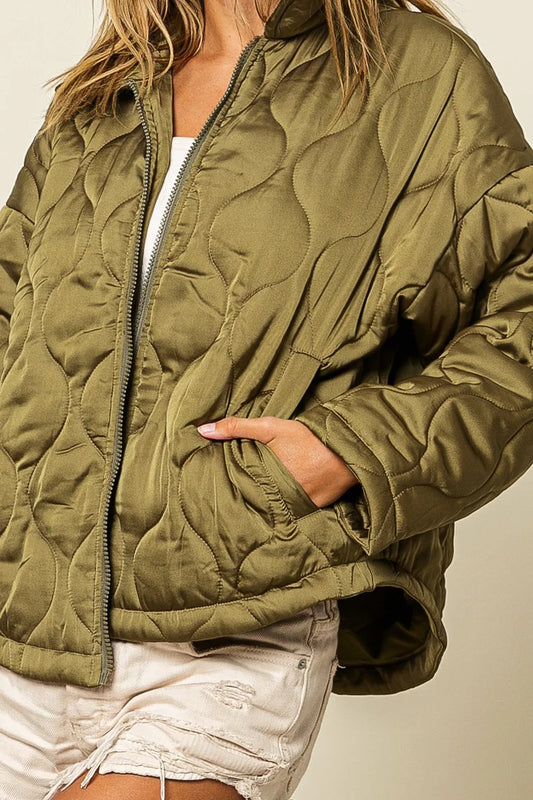QUILTED ZIP UP SOFT COLLARED JACKET