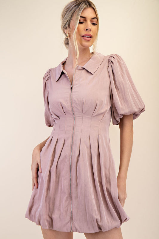 Collar Neck Front Zipper Mini Dress