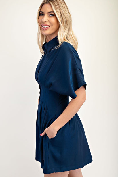 Collar Neck Waist Pleated Mini Dress