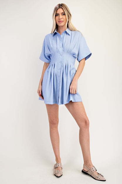 Collar Neck Waist Pleated Mini Dress