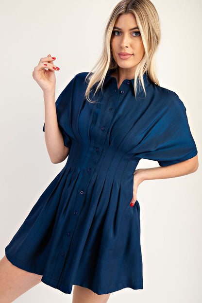 Collar Neck Waist Pleated Mini Dress