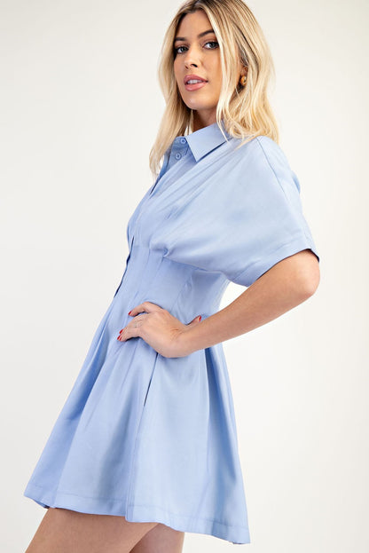 Collar Neck Waist Pleated Mini Dress