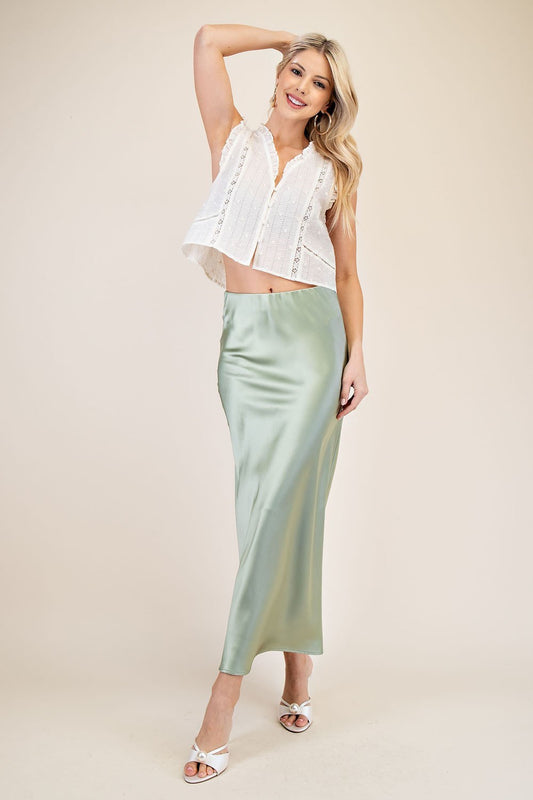 Waist Elastic Band Midi Satin Skirt