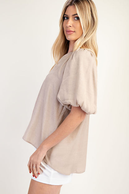 V-Neck Placket Balloon Sleeve Top