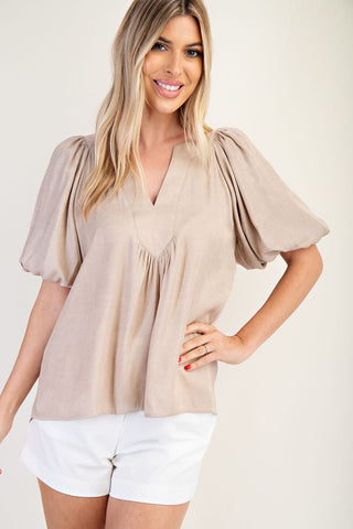 V-Neck Placket Balloon Sleeve Top