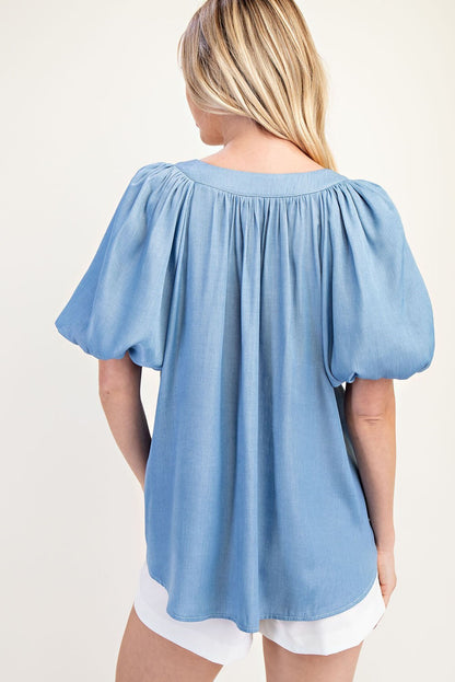 V-Neck Placket Balloon Sleeve Top