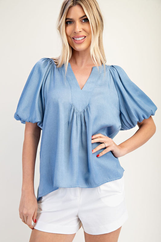 V-Neck Placket Balloon Sleeve Top
