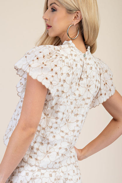High-Neck Embroidered Eyelet Blouse