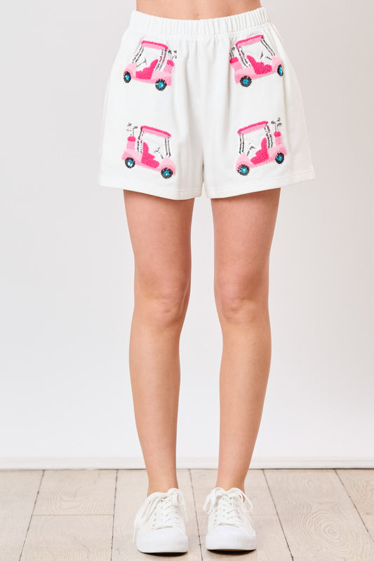 Golf Carts Towel & Sequins Embroidery Shorts