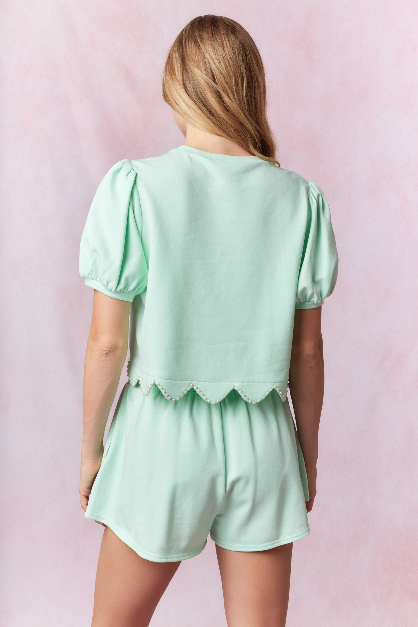 Scallop Hem Pearl Studded Detail Terry Shirt