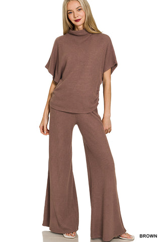 Zenana Sweater mock neck short sleeve top & long pants set