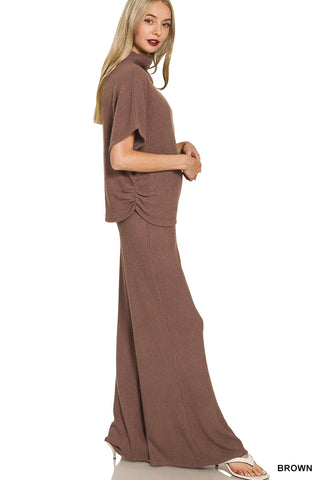 Zenana Sweater mock neck short sleeve top & long pants set
