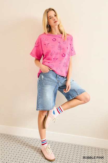 Boxy Cut Round Neck French Terry Top with Graphics & Frayed Hem