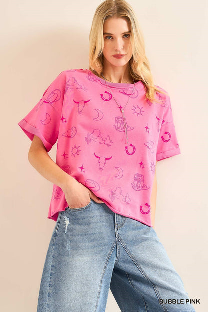 Boxy Cut Round Neck French Terry Top with Graphics & Frayed Hem